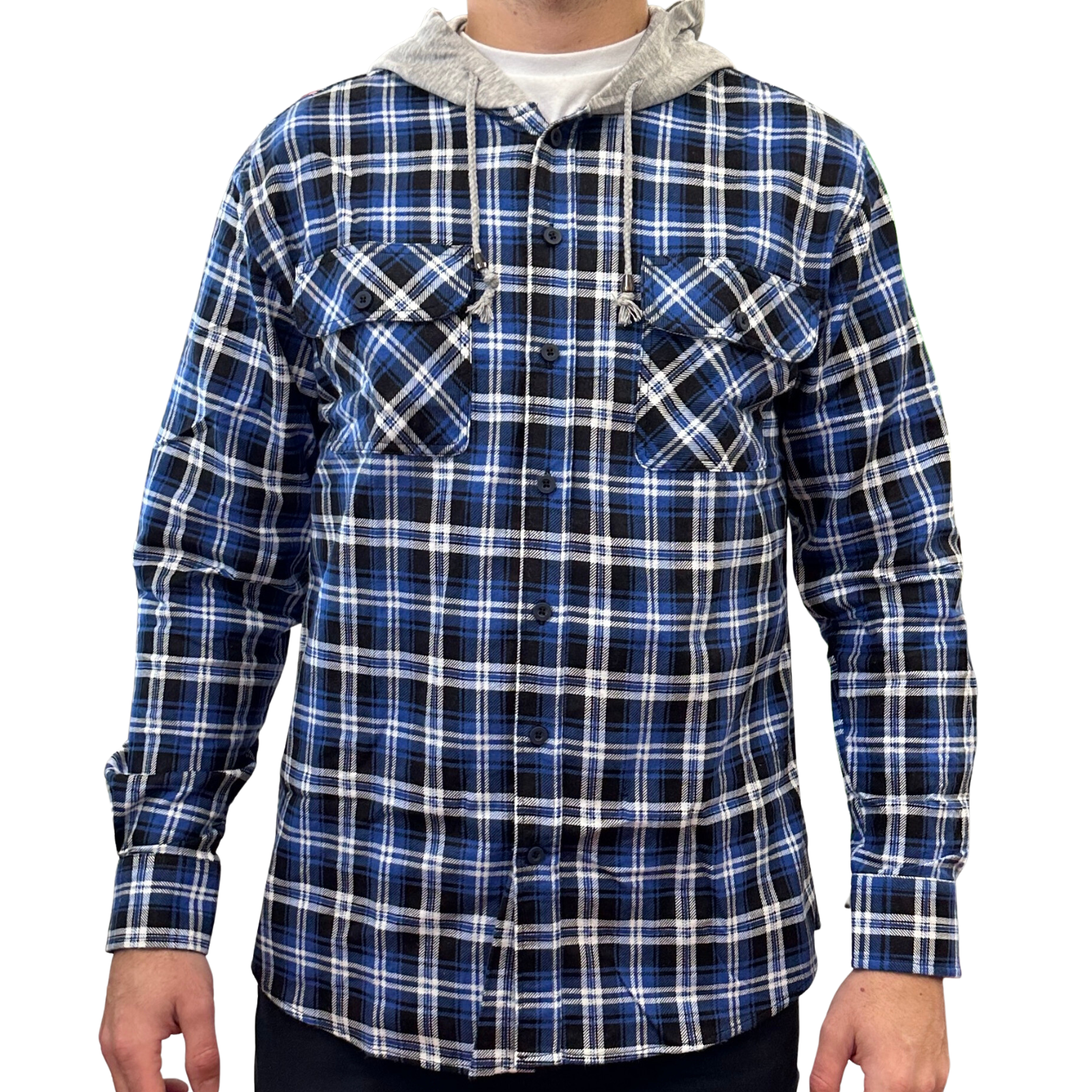 Mens Cotton Flannelette Shirt w Jersey Hood Long Sleeve Flannel - Denim - S