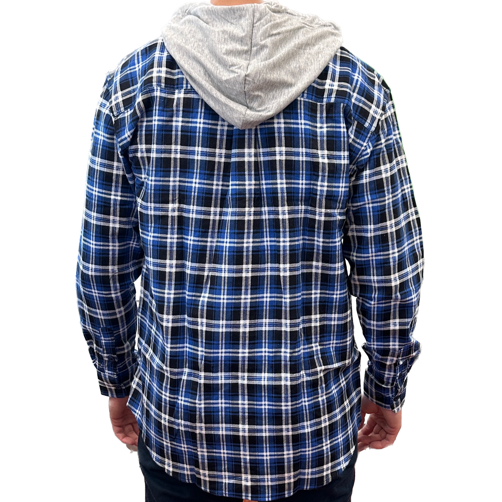 Mens Cotton Flannelette Shirt w Jersey Hood Long Sleeve Flannel - Denim - XL