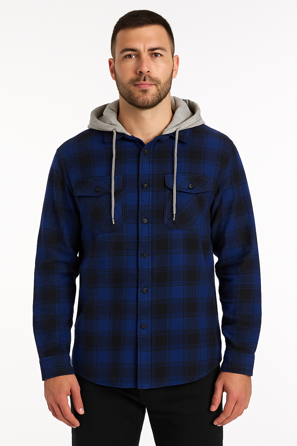 Mens Cotton Flannelette Shirt w Jersey Hood Long Sleeve Flannel - Royal Blue