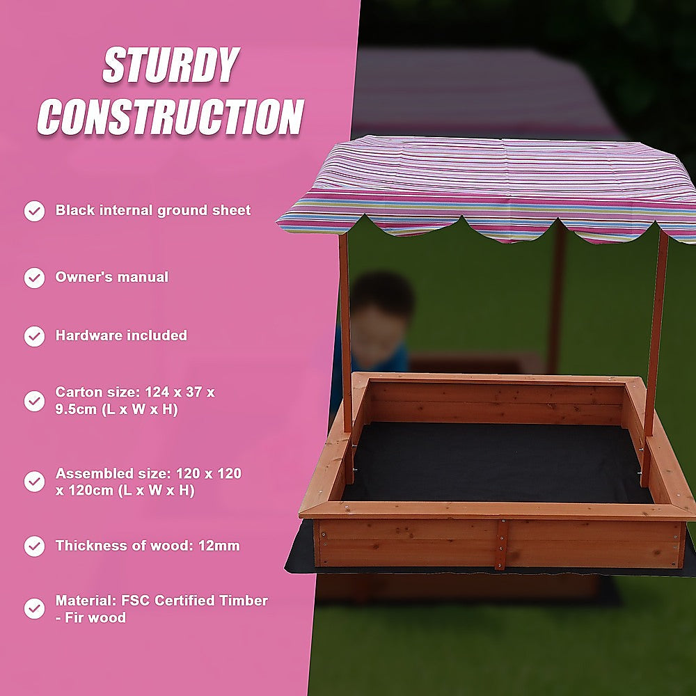 Kids Wooden Toy Sandpit with Adjustable Canopy