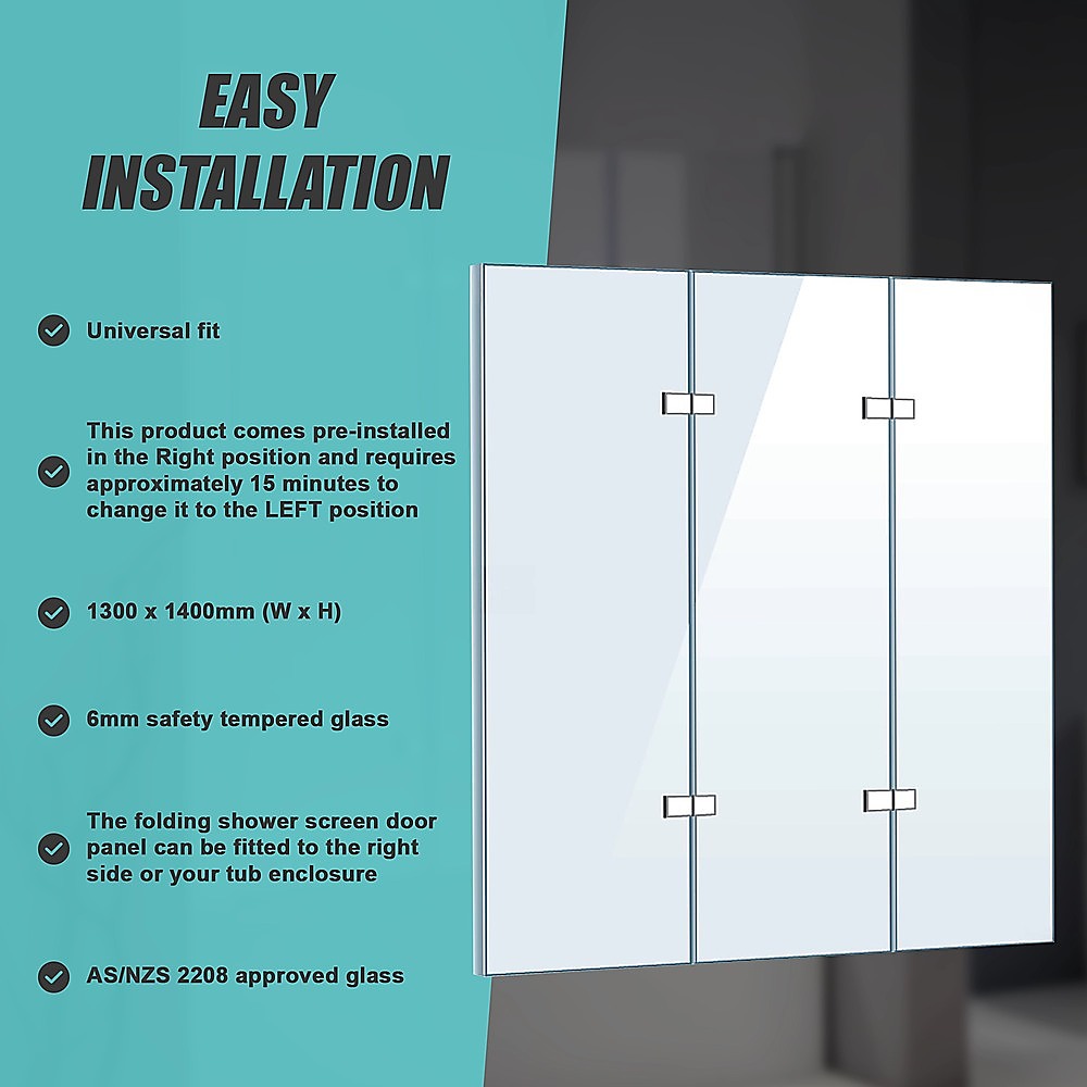 3 Fold Chrome Folding Bath Shower Screen Door Panel 1300mm x 1400mm