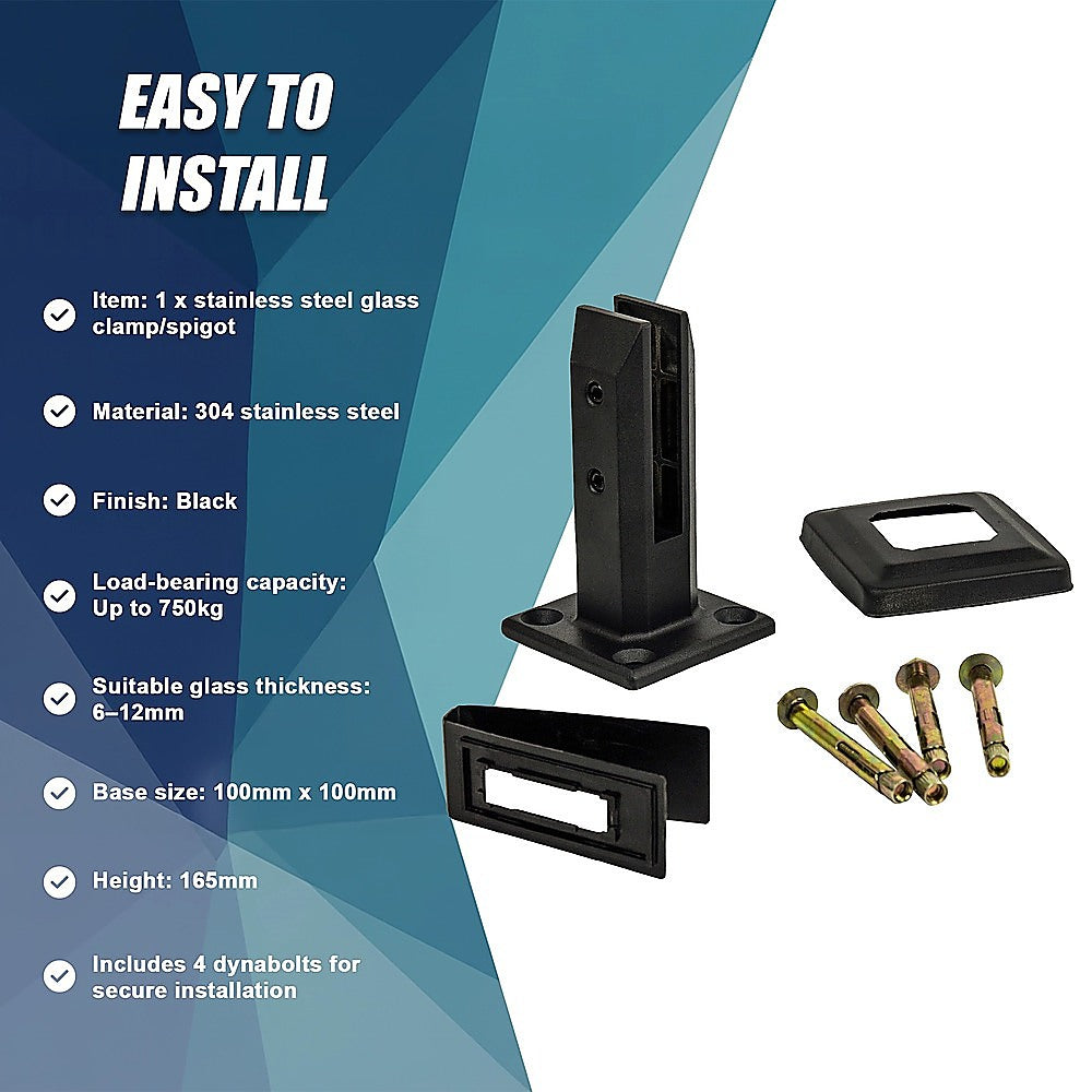 Balustrade Black Glass Clamp 304 Stainless Spigot Pool Fencing Fence