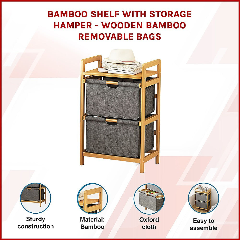 Bamboo Shelf with Storage Hamper – Wooden Organiser with 2 Removable Laundry Bags