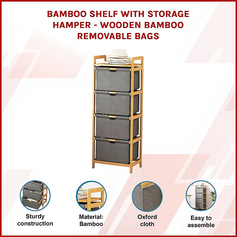 Bamboo Shelf with Storage Hamper – Wooden Organiser with Three-Set Rack Removable Laundry Bags