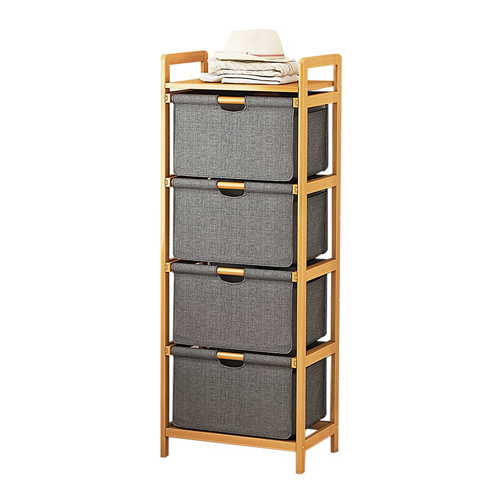 Bamboo Shelf with Storage Hamper – Wooden Organiser with Three-Set Rack Removable Laundry Bags