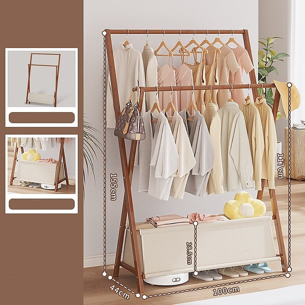 100x155cm Dark Wood Clothes Rail Garment Rack with Freestanding Storage Shelf