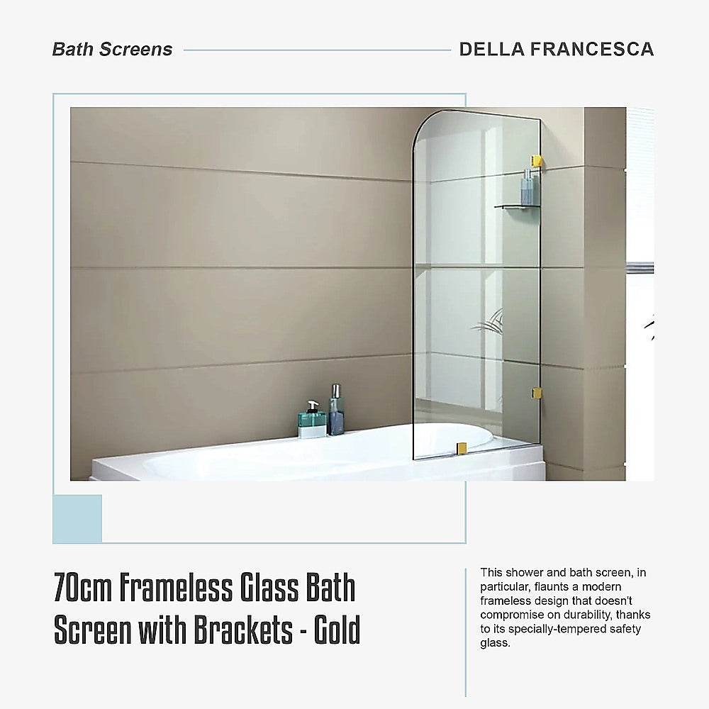 70cm Frameless Glass Bath Screen with Brackets - Gold
