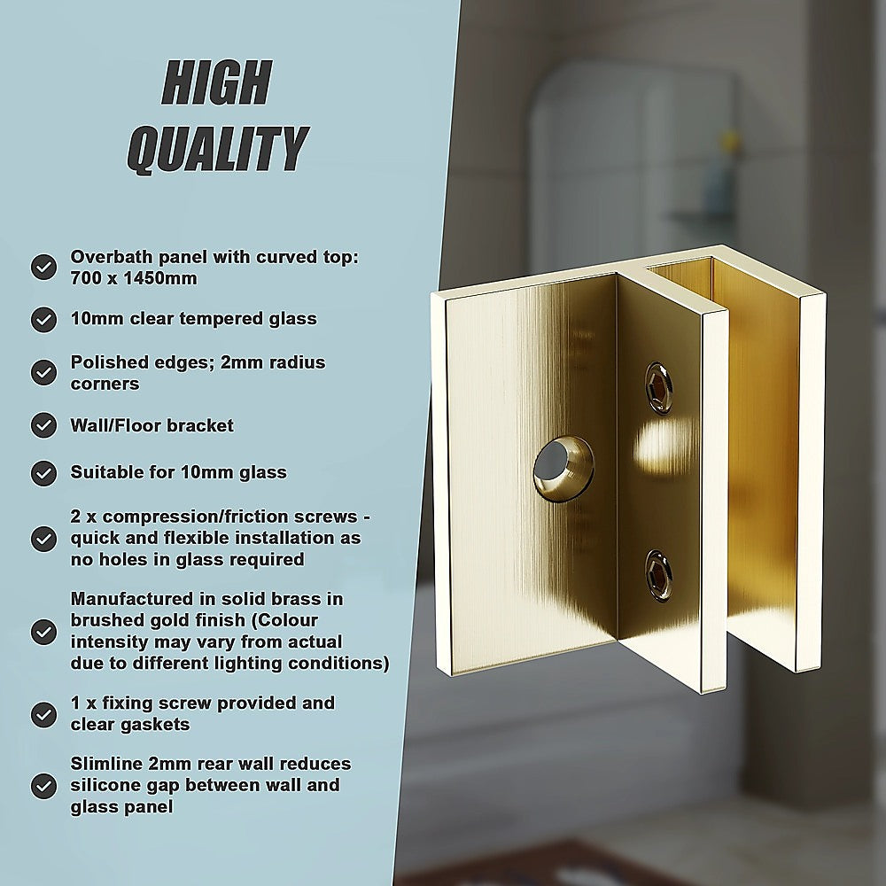 70cm Frameless Glass Bath Screen with Brackets - Gold