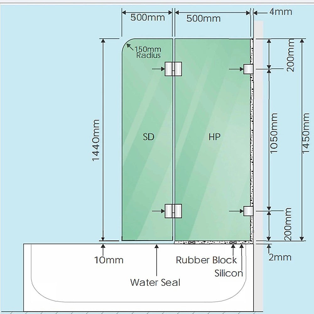 100cm Frameless Glass Bath Screen with Brass Brackets - Nickel