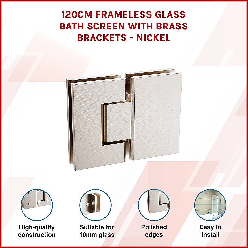 120cm Frameless Glass Bath Screen with Brass Brackets - Nickel