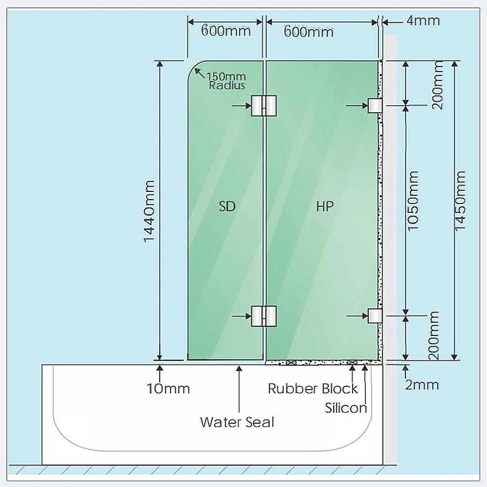 120cm Frameless Glass Bath Screen with Brass Brackets - Nickel