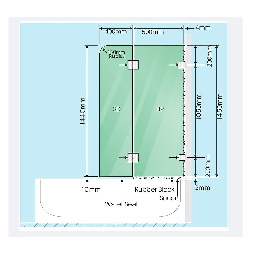 90cm Frameless Glass Bath Screen with Channel and Stainless Steel Hinges- White