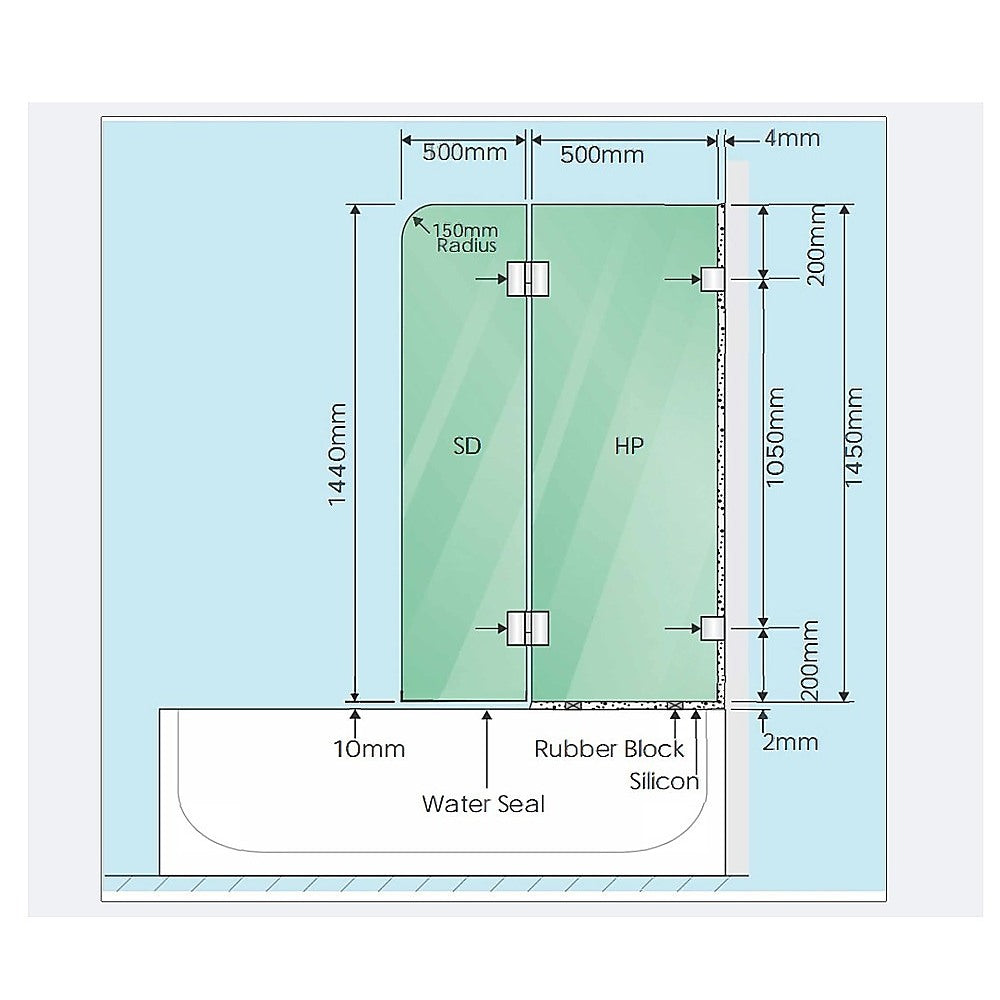 100cm Frameless Glass Bath Screen with Channel and Brass Hinges - Nickel