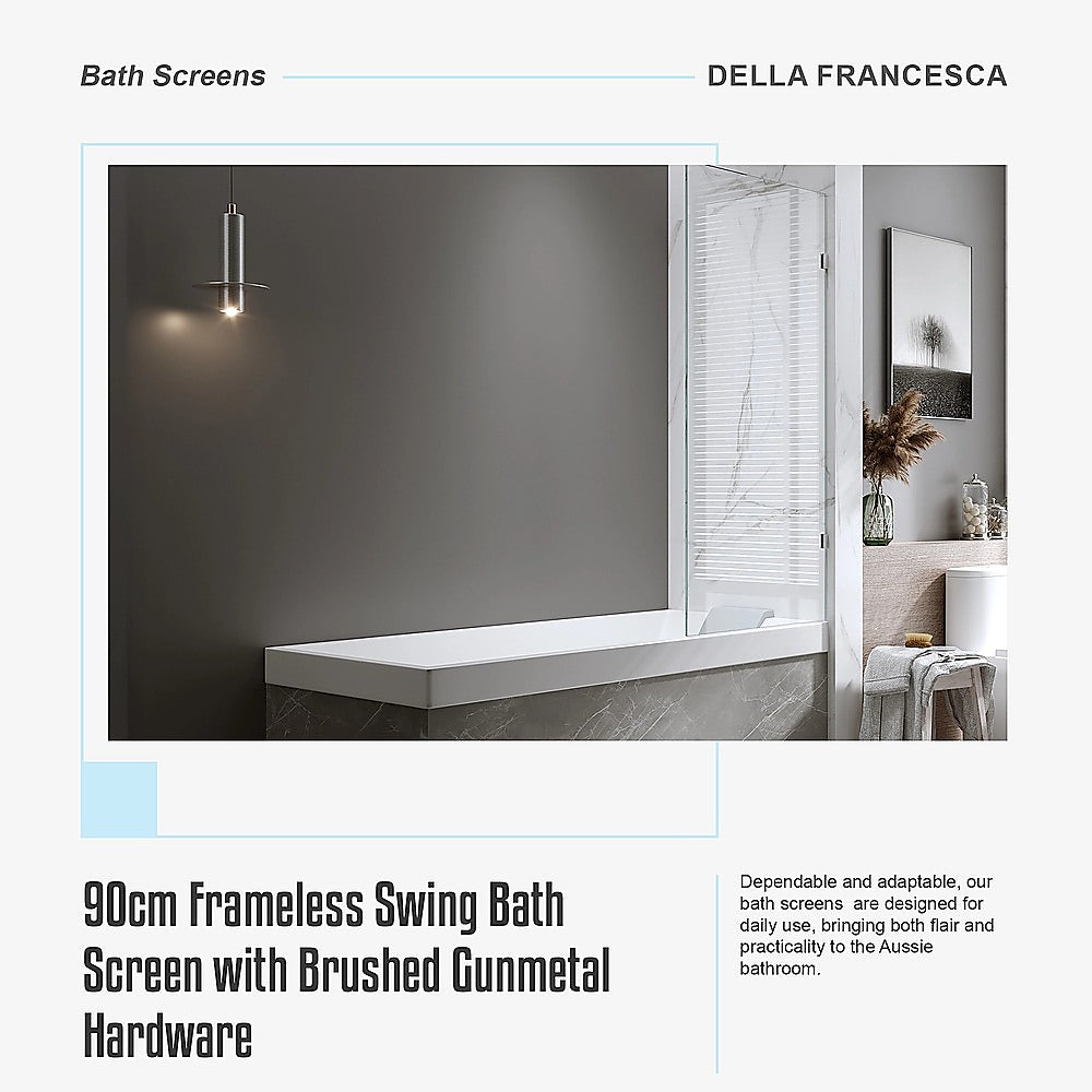 90cm Frameless Swing Bath Screen with Brushed Gunmetal Hardware