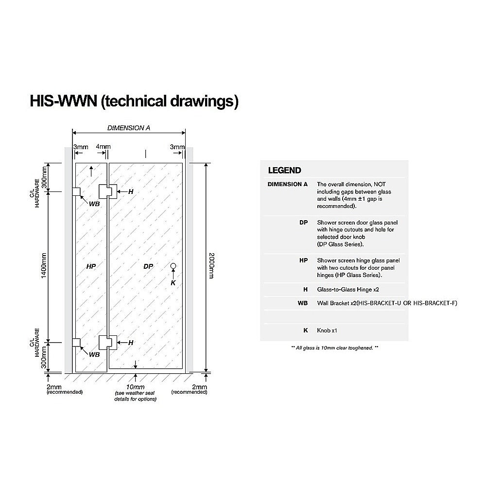 100cm Wall to Wall Frameless Shower Screen with Black Brackets and SS Hinges, Square Knob Handle