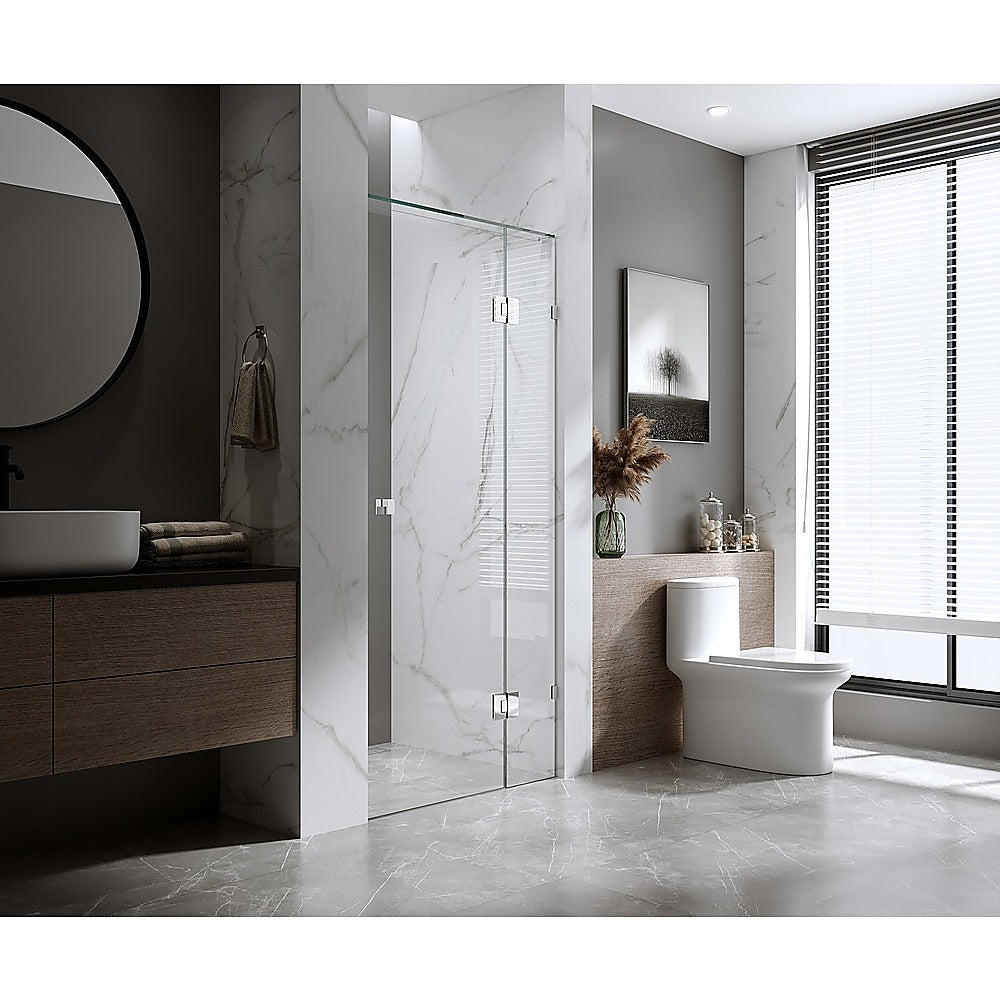 90cm Wall to Wall Frameless Shower Screen with White Brackets and Brass Hinges, Square Knob Handle