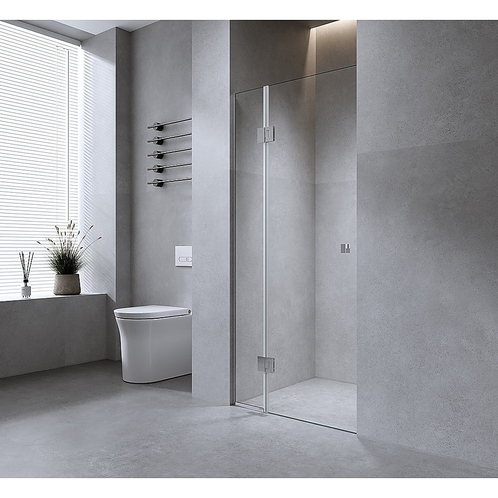 100cm Wall to Wall Frameless Shower Screen with White Channel and SS Hinges , Square Double Pull Handle