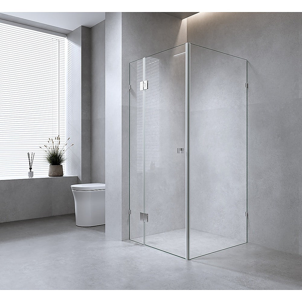 120x120cm Corner Frameless Shower Screen with Gold Brackets and Brass Hinges, Square Double Pull Handle