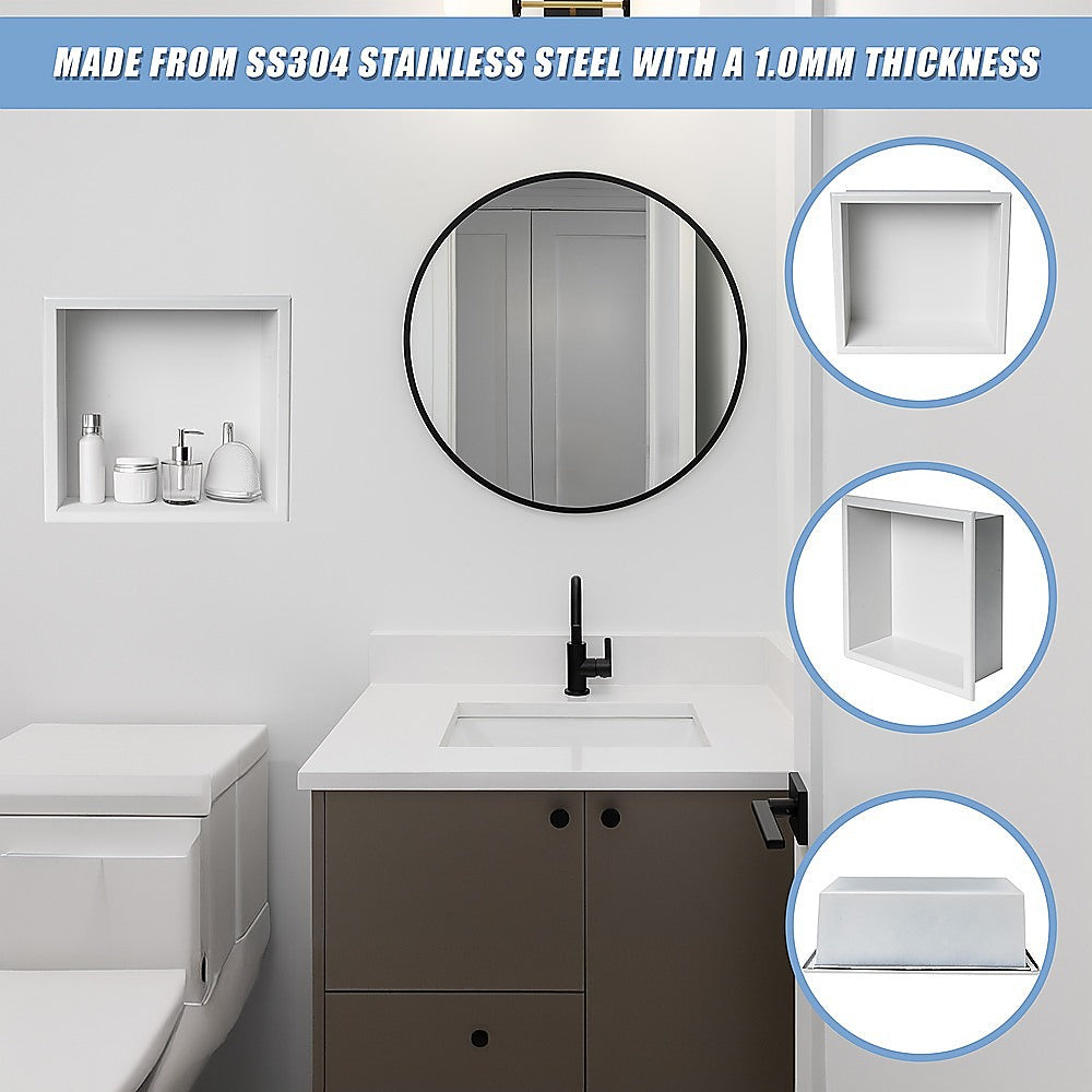 336 x 336 x 101mm Shower Niche Single Shelf Organizer No Tile Needed in White