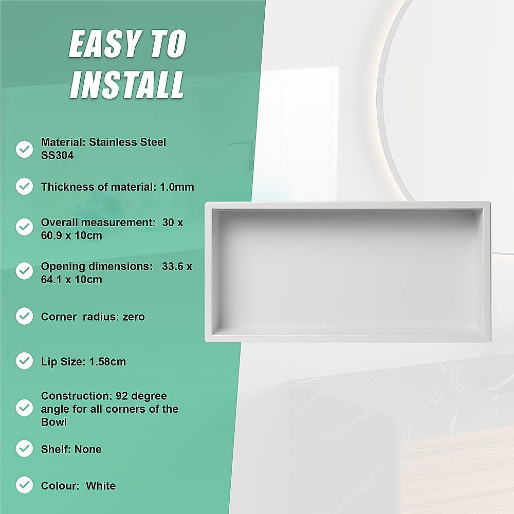 641 x 336 x 101mm Shower Niche Single Shelf Organizer No Tile Needed in White