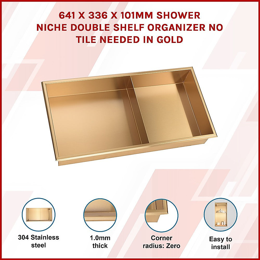 641 x 336 x 101mm Shower Niche Double Shelf Organizer No Tile Needed in Gold