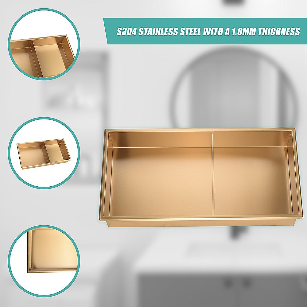 641 x 336 x 101mm Shower Niche Double Shelf Organizer No Tile Needed in Gold