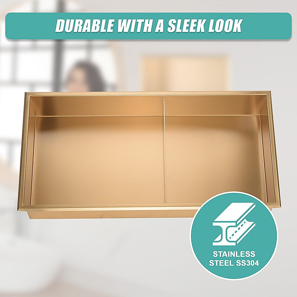 641 x 336 x 101mm Shower Niche Double Shelf Organizer No Tile Needed in Gold
