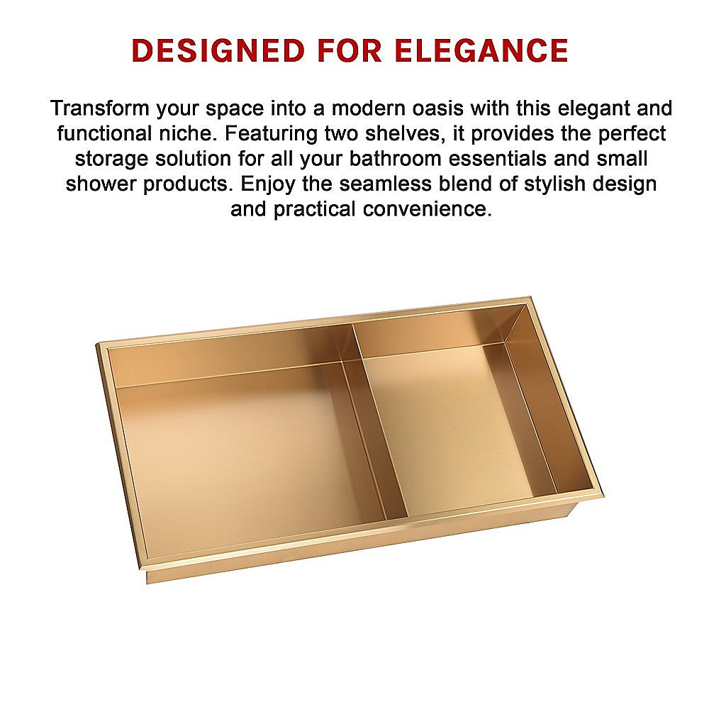 641 x 336 x 101mm Shower Niche Double Shelf Organizer No Tile Needed in Gold