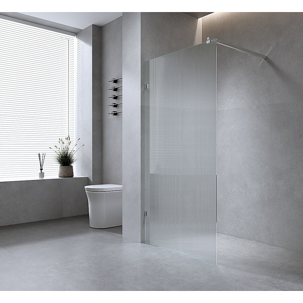 70cm Reeded Single Shower Glass Screen with Chrome Wall & Floor F Bracket