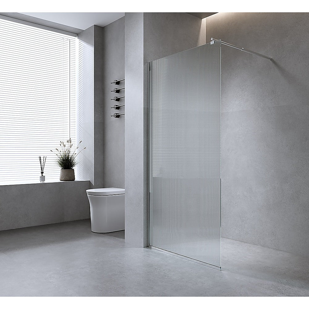 110cm Reeded Single Shower Glass Screen with Nickel Wall Channel & Round Pole