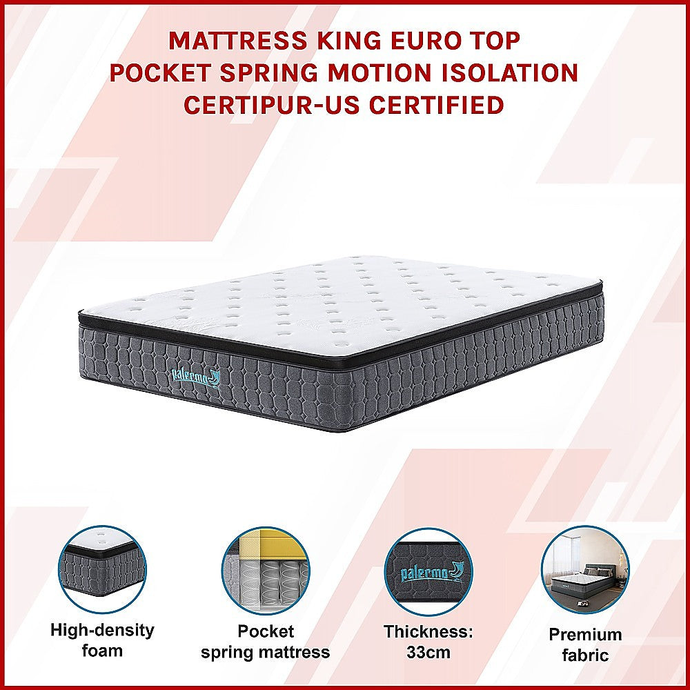 Mattress King Euro Top Pocket Spring Motion Isolation CertiPUR-US Certified