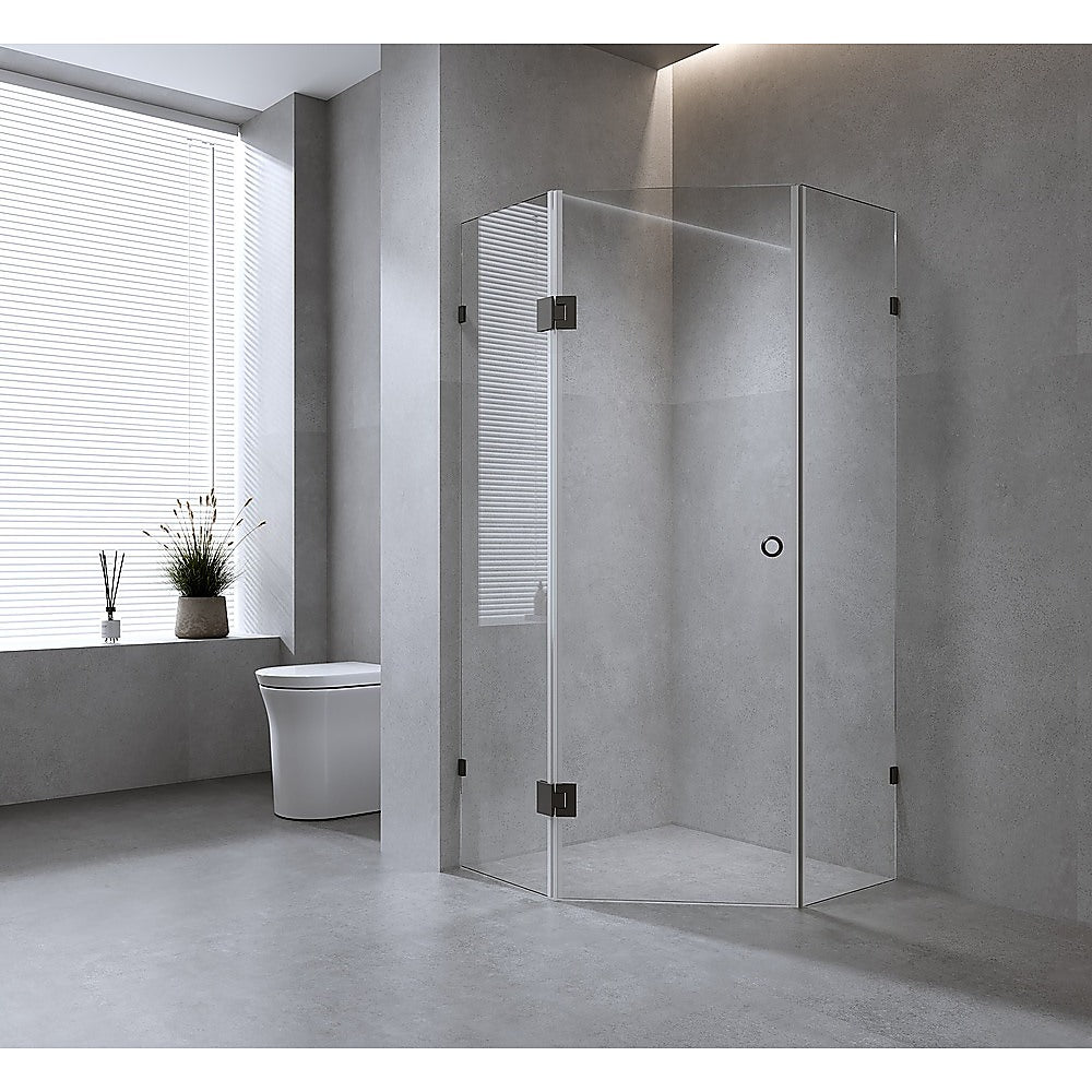 90cm Frameless Diamond Shower Screen with Black Brackets and Brass Hinges, Round Handle