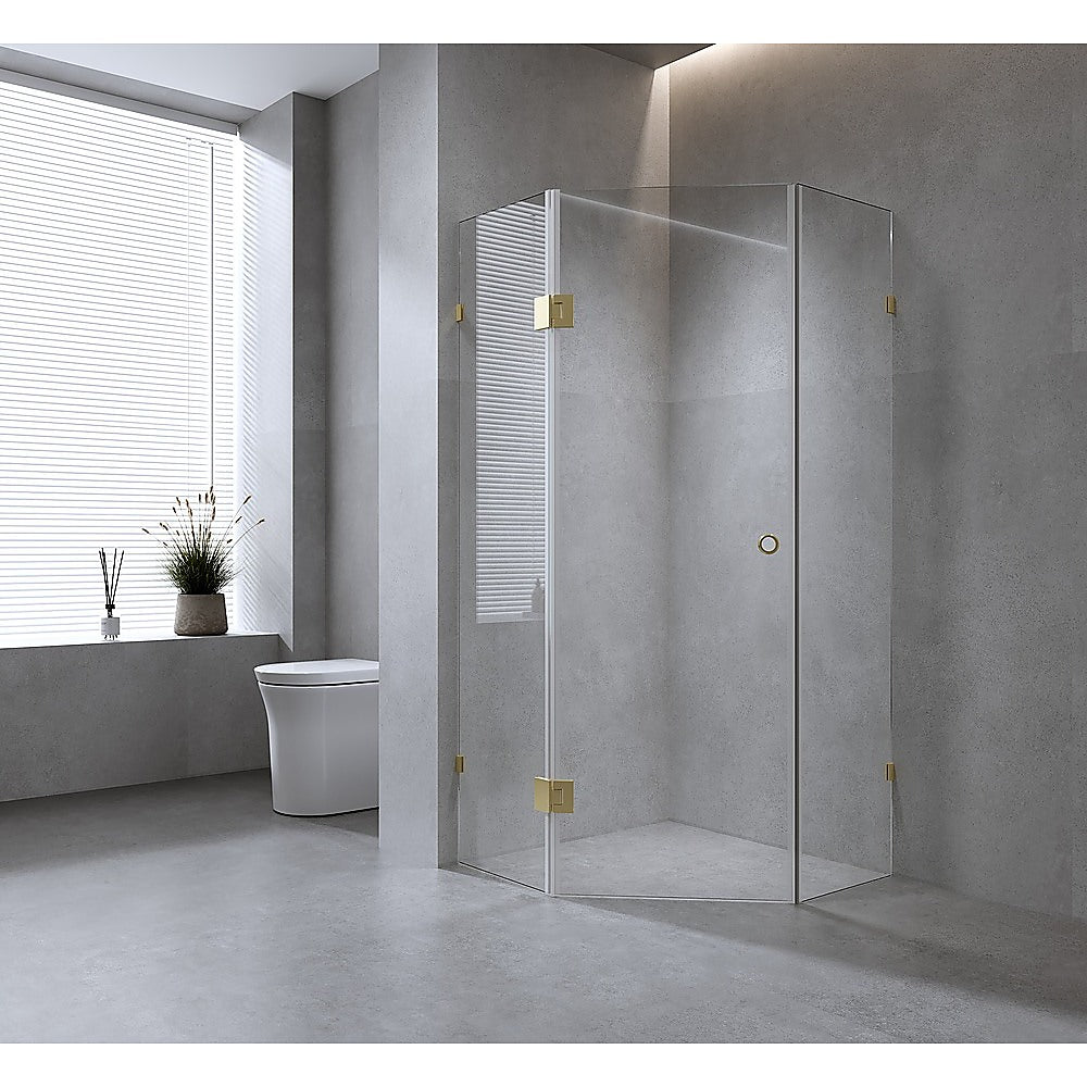 100cm Frameless Diamond Shower Screen – Gold F-Brackets Detailing with Durable SS Hinges