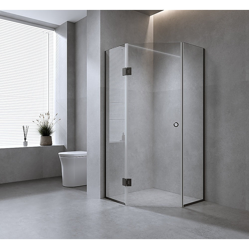 100cm Frameless Diamond Shower Screen with Gunmetal Channels and Brass Hinges & Round Handle