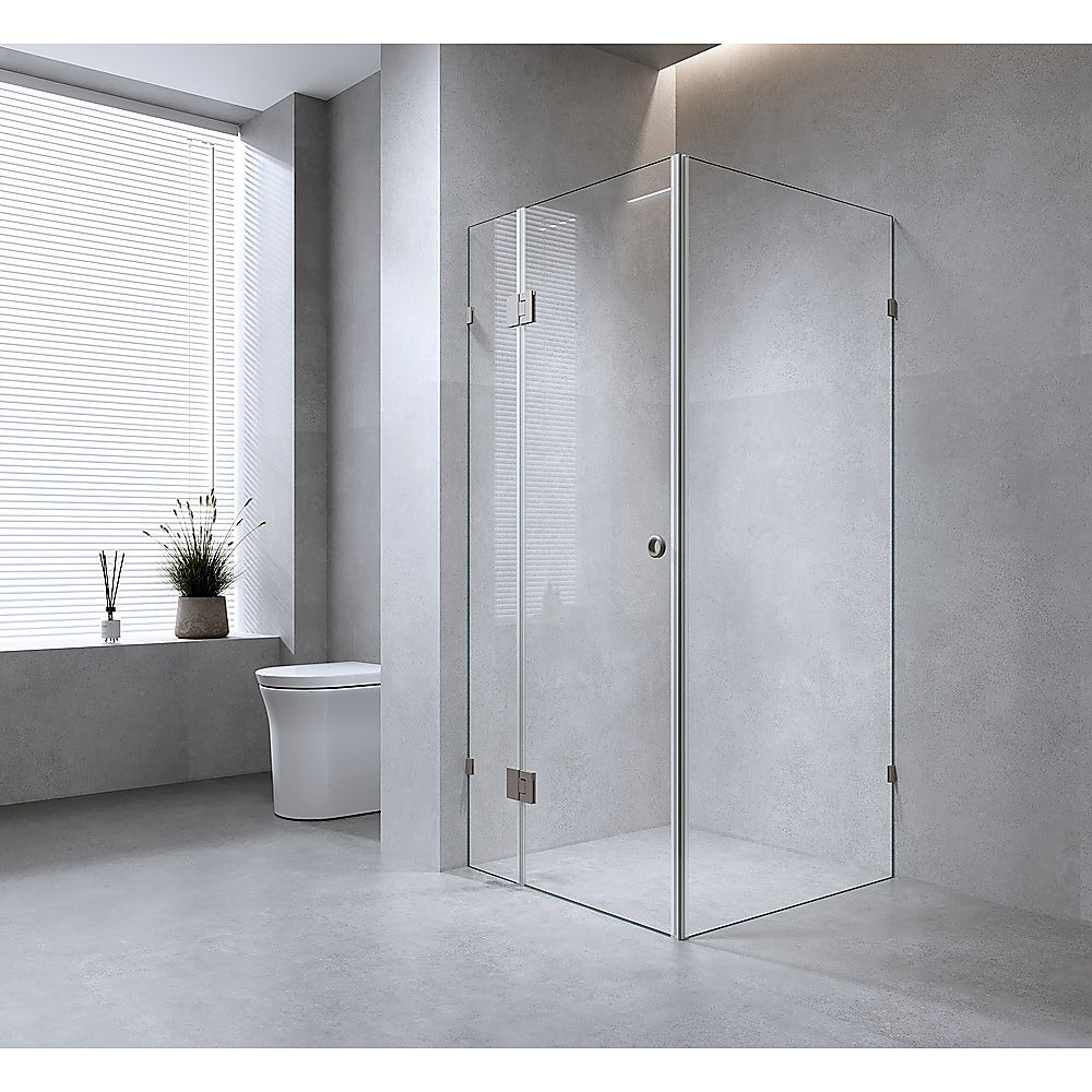 90x90cm Corner Frameless Shower Screen with White Brackets and SS Hinges, Round Handle
