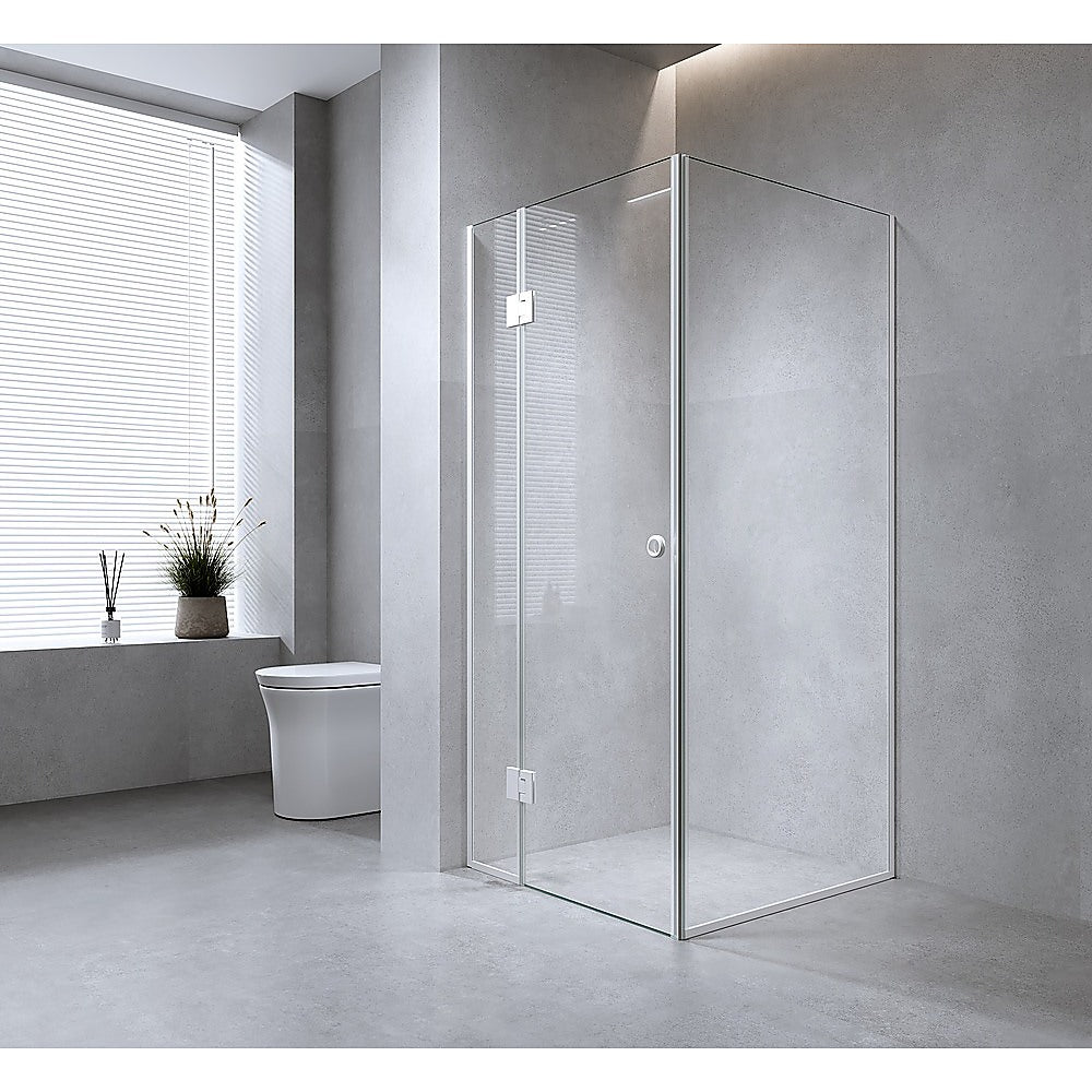 90x80cm Corner Frameless Shower Screen with Gold Channel and SS Hinges, Round Handle