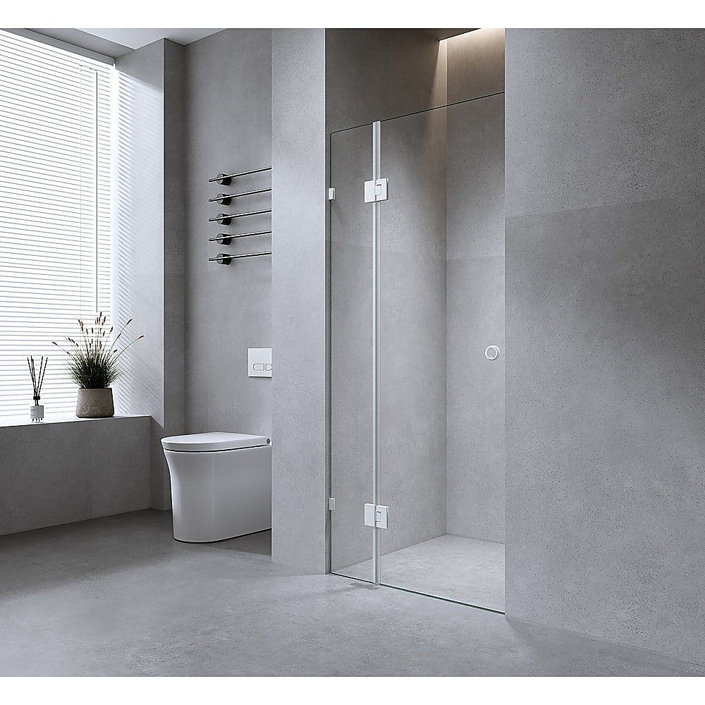 90cm Wall to Wall Frameless Shower Screen with Nickel Brackets and SS Hinges, Round Handle