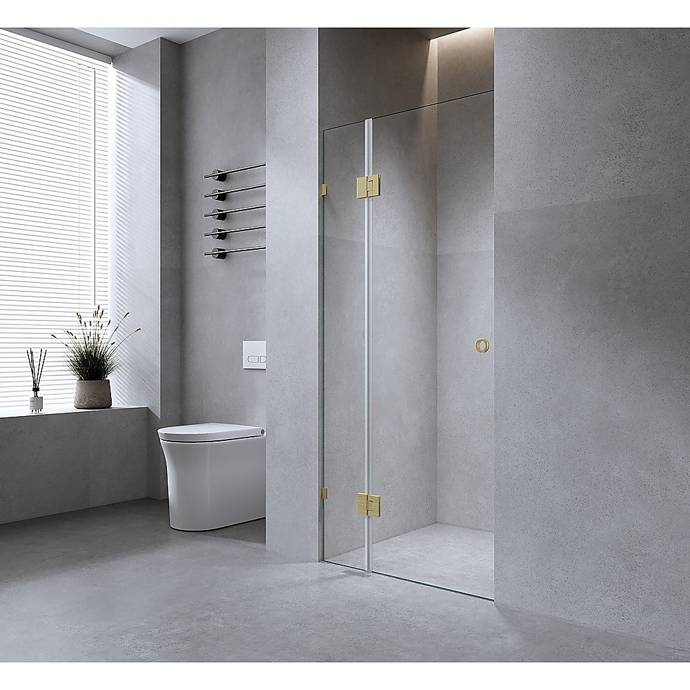 90cm Wall to Wall Frameless Shower Screen with Gunmetal Brackets and SS Hinges, Round Handle