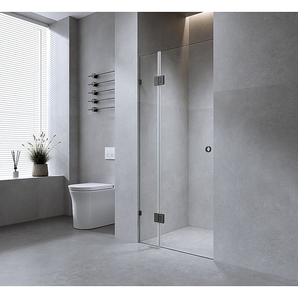 90cm Wall to Wall Frameless Shower Screen with White Brackets and Brass Hinges, Round Handle