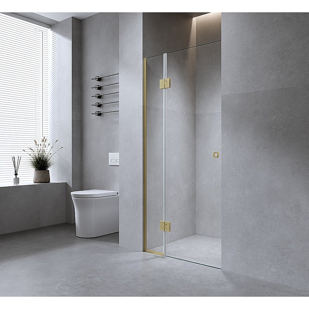 90cm Wall to Wall Frameless Shower Screen with Gold Channel and SS Hinges , Round Handle