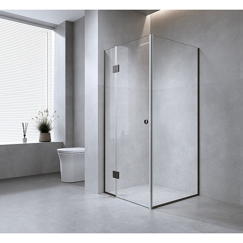 90x70cm Corner Frameless Shower Screen with Nickel Channel and Brass Hinges, Round Handle