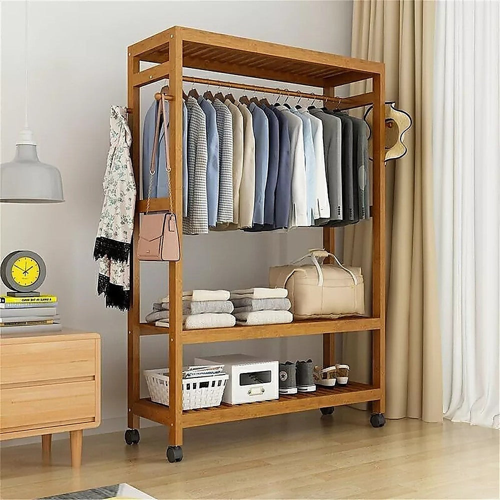 Wooden Clothes Rail with Shelves & Wheels – Open Wardrobe Rack Stand
