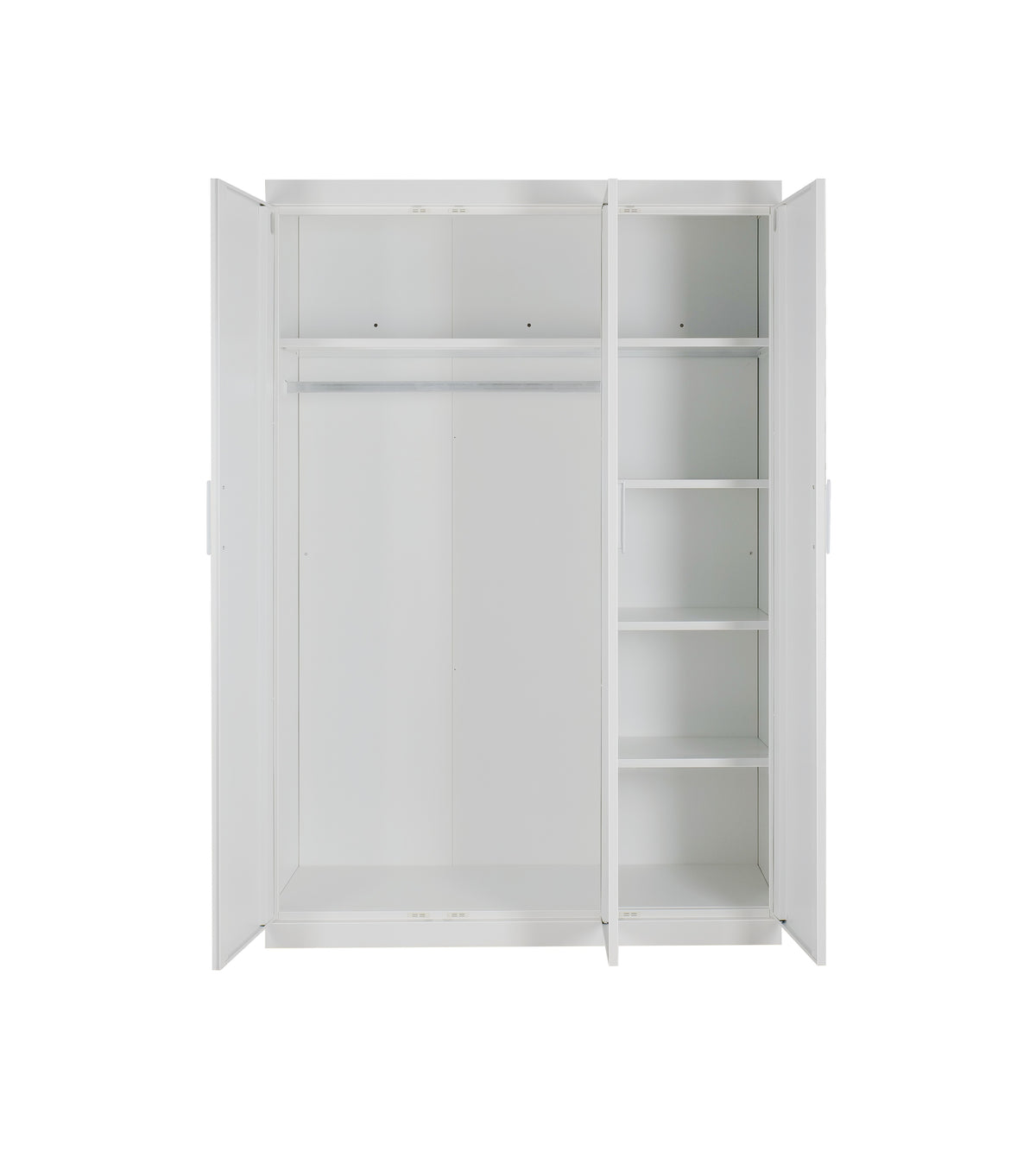 3 Door White Gloss Wardrobe – White Handles, Hanging Rail & Shelves