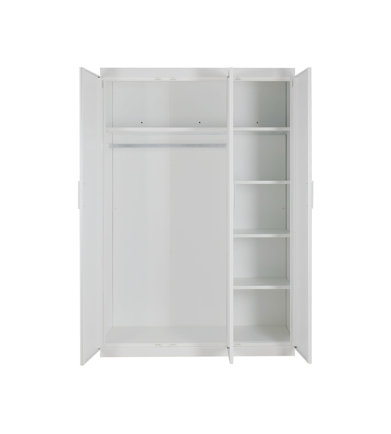 3 Door White Gloss Wardrobe – White Handles, Hanging Rail & Shelves