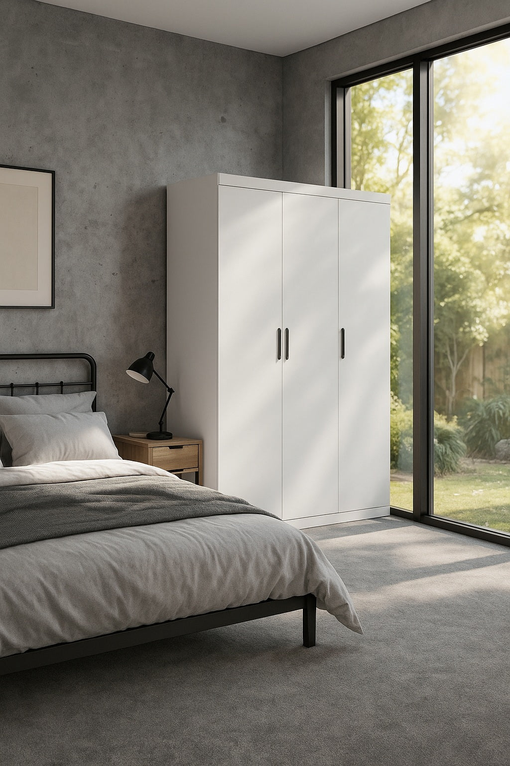3 Door White Gloss Wardrobe – Black Handles, Hanging Rail & Shelves