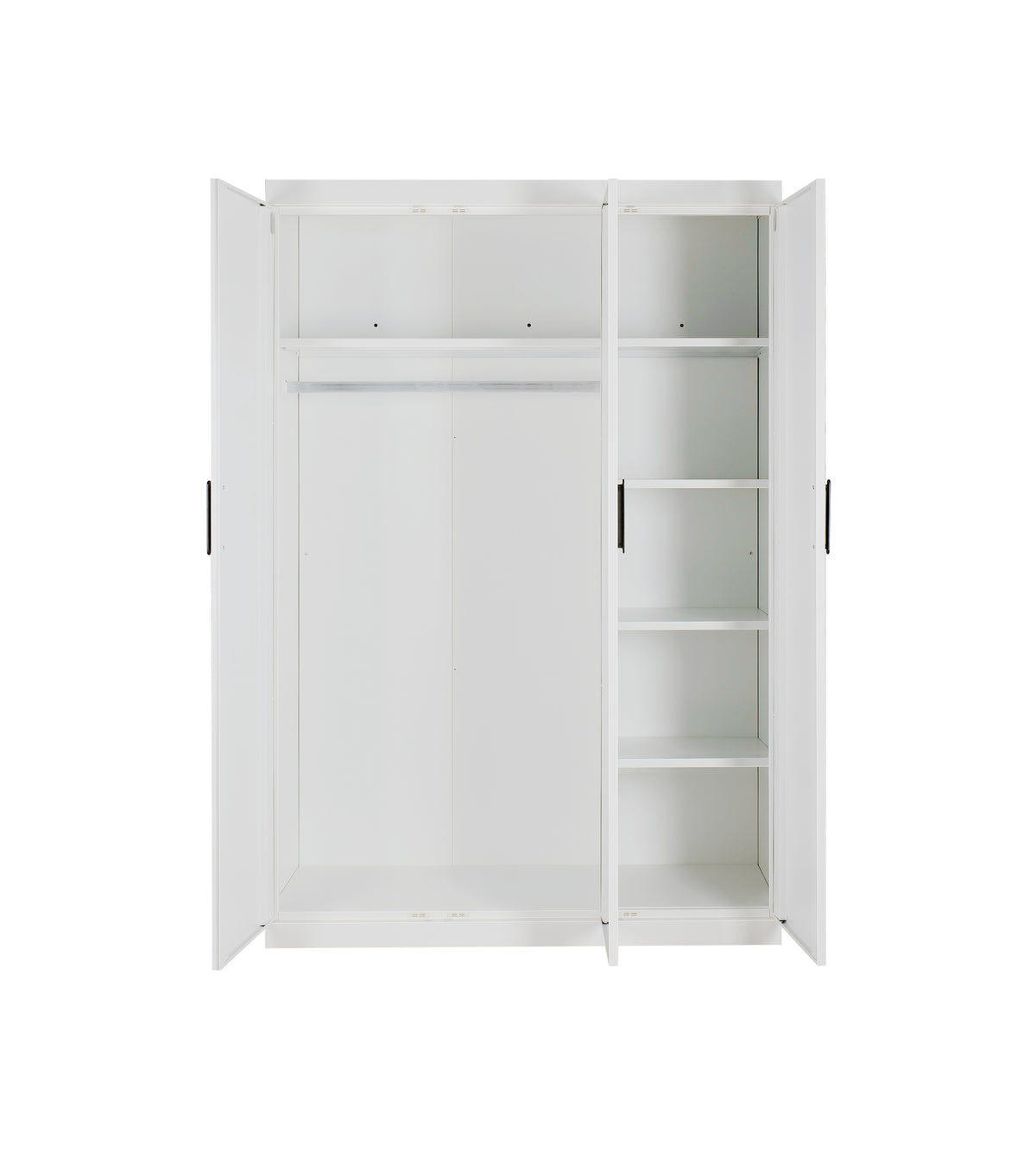3 Door White Gloss Wardrobe – Black Handles, Hanging Rail & Shelves