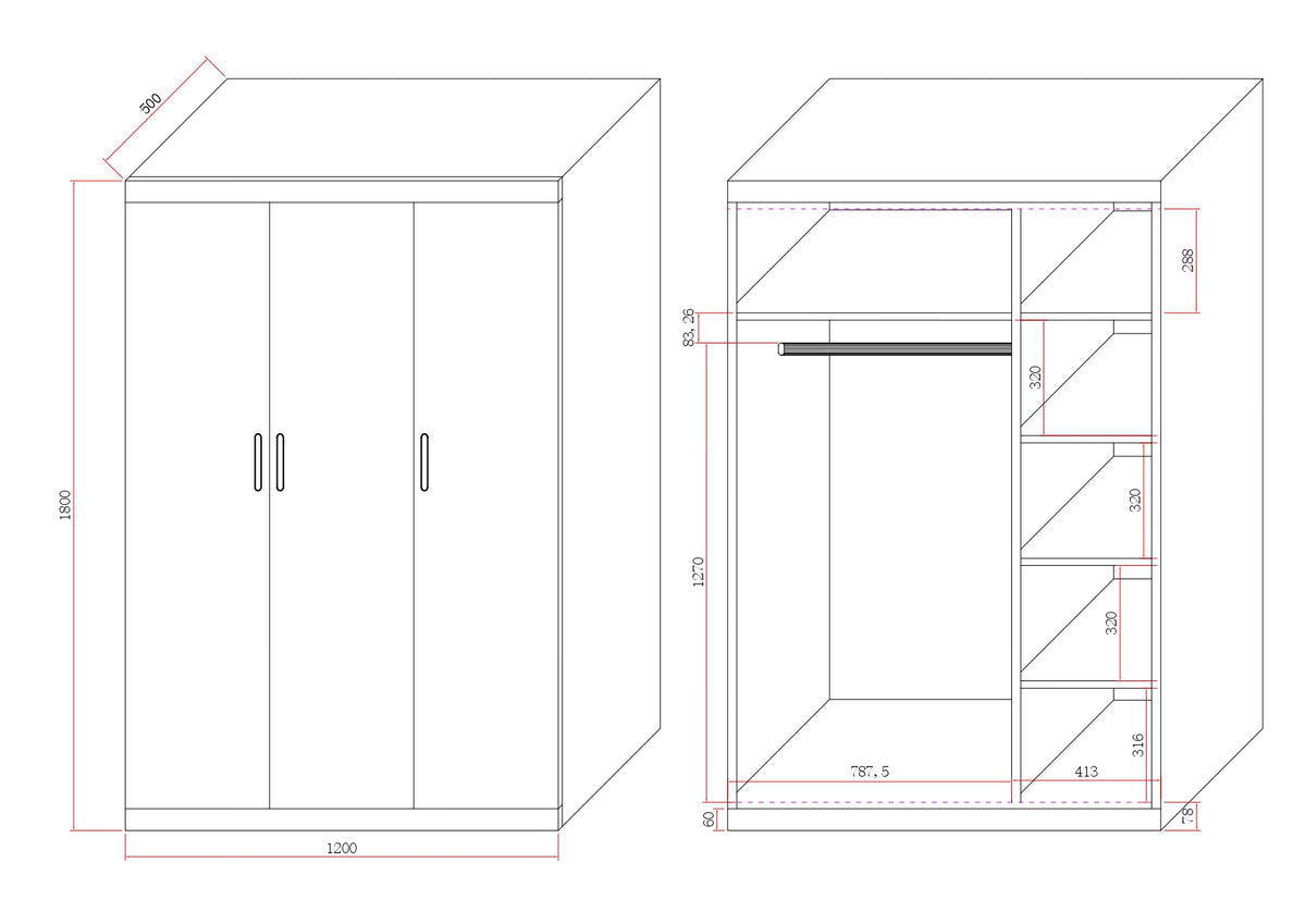 3 Door White Gloss Wardrobe – Black Handles, Hanging Rail & Shelves