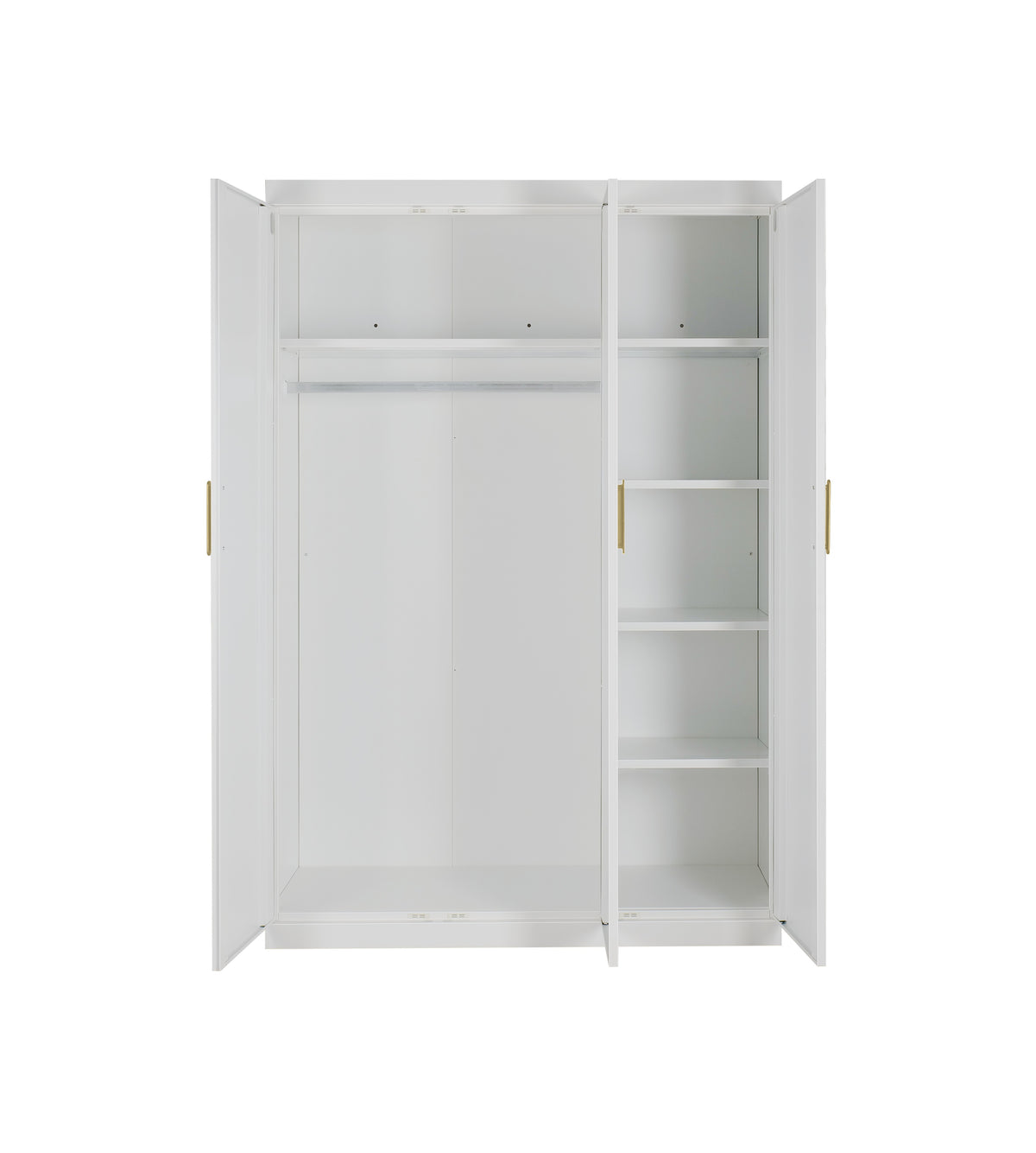 3 Door White Gloss Wardrobe – Gold Handles, Hanging Rail & Shelves