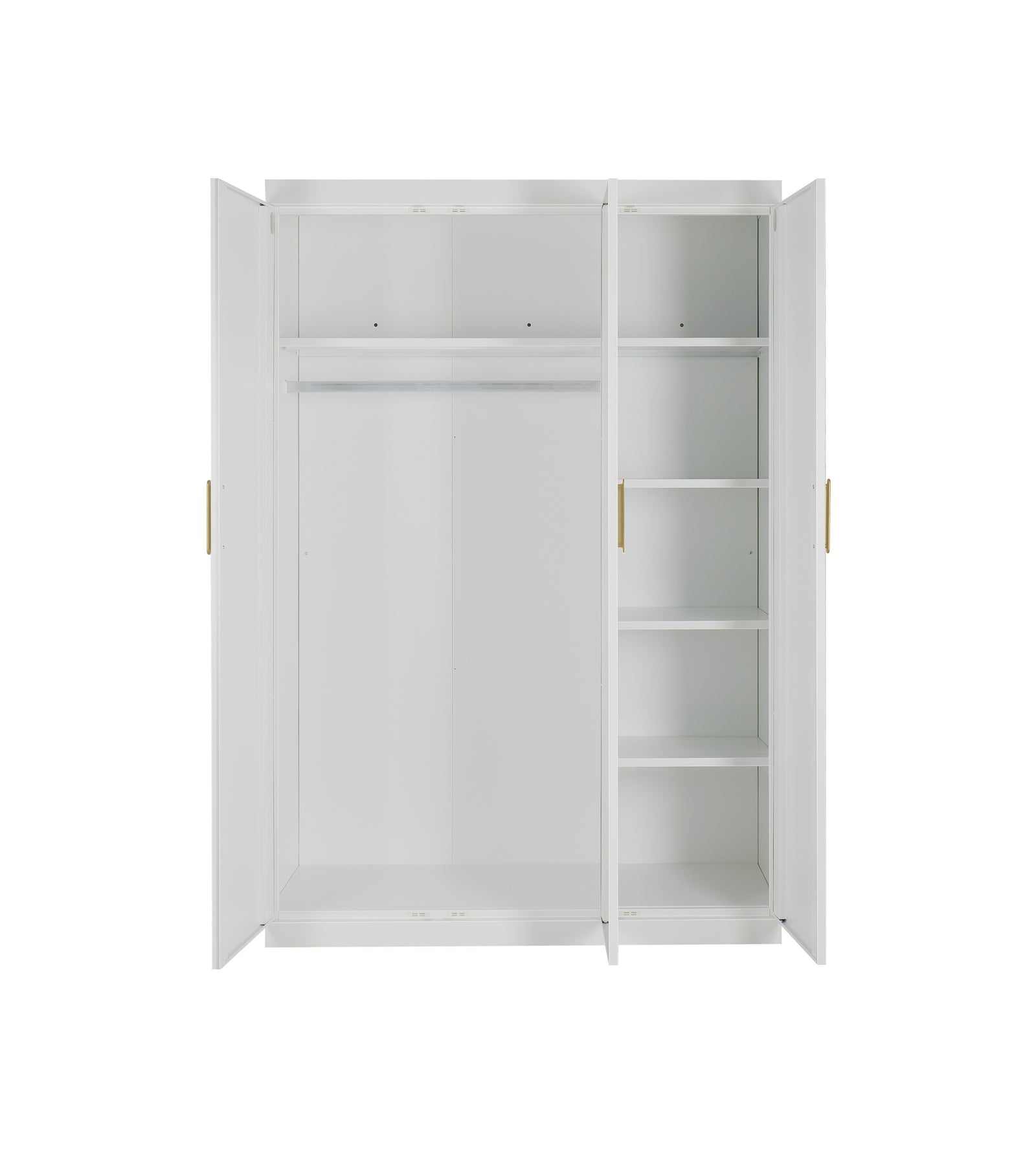 3 Door White Gloss Wardrobe – Gold Handles, Hanging Rail & Shelves