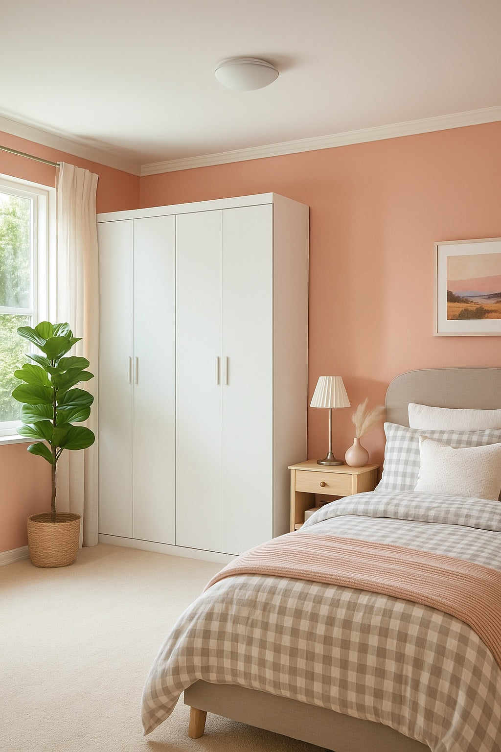 4 Door Wardrobe in White Gloss – Hanging Rail, Shelves & White Handles